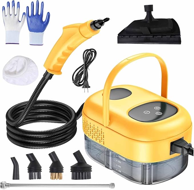 Touchscreen Steam Cleaner 1100ML 2500W High Temperature Pressure Handheld Steam Cleaning Machine with Brush Heads and Gloves 7 in 1 for Car Floor Kitchen Bathroom Window Furniture (Yellow)