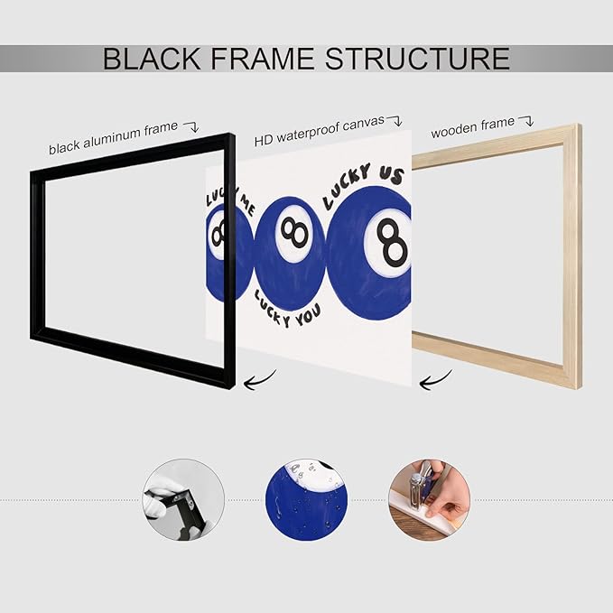 Wodkodnxy Blue 8 Ball Poster, Lucky Me Lucky You Lucky Us Quote Canvas Wall Art, Playful Billiards Balls Picture Print, Retro 8ball Pool Painting for Bar Cart Game Room Man Caves Wall 8x12in Unframed