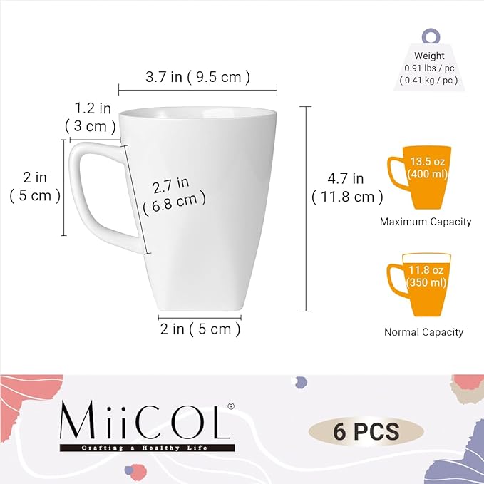 Miicol Porcelain Coffee Mugs Set of 6, Large Coffee Cups 14 oz, White Tea Cups, Ceramic Mugs for Latte, Cappuccino, Milk, Cocoa, Square Bottom, Microwave & Dishwasher Safe