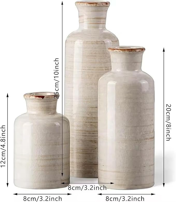 Distressed White Ceramic Vase Set of 3,Small Ceramic Vases for Home Decor,Rustic Farmhouse Vase for Flowers,Decorative Vases for Centerpieces,Table Shelf,Fireplace and Entrance