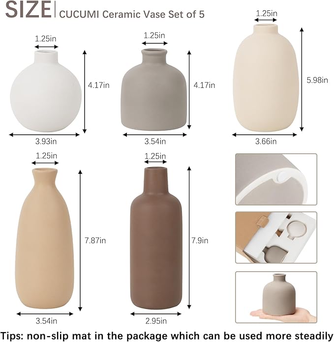 CUCUMI Ceramic Vase Set of 5, Vases Home Decor Rustic Farmhouse Decorative Vase Pottery Vases for Bouquet Pampas Grass Dried Fresh Flowers, Table Living Room Kitchen Bedroom Bathroom