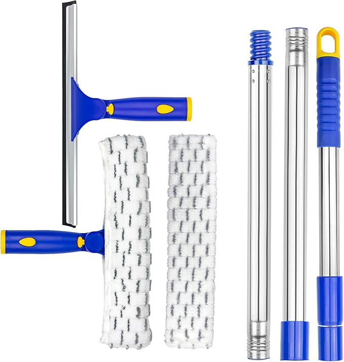 ITTAR Window Squeegee Cleaner Kit, 5Ft Extendable Stainless Steel Pole with Rotatable Rubber Squeegee & 2 Microfiber Scrubber Pads, Professional Window Cleaning Tool for Home, Shower, Car, Windshield