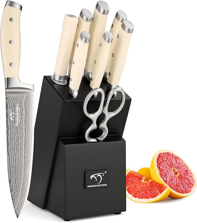 NANFANG BROTHERS Knife Set, 9 Pieces Damascus Kitchen Knife Set with Block, ABS Ergonomic Handle for Chef Knife Set, Knife Sharpener and Kitchen Shears, Knives for Chopping, Slicing & Cutting