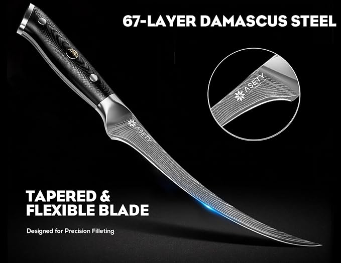 Damascus Fillet knife 7 Inch - Ultra-Sharp Fillet Knife for Fish and Meat, Professional Japanese Boning Knife with VG10 Steel Core, Full Tang G10 Handle, Elegant Box