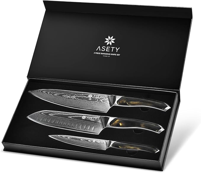 Damascus Knife Set 3 PCS: Ultra-Sharp Professional Chef Knife Set, Japanese Kitchen Knives with VG10 Steel Core, Full Tang Resin Handle, Elegant Box