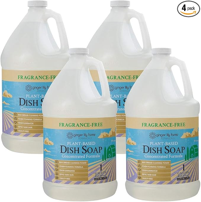 Ginger Lily Farms Botanicals Plant-Based Liquid Dish Soap, Concentrated Formula with Max Grease Cleaning Power, Cruelty-Free, Fragrance-Free, 1 Gallon Refill (Pack of 4)