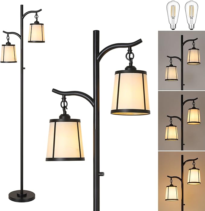 9MMML Farmhouse Floor Lamp for Living Room, 67'' Tall Floor Lamp with 2 Hanging Smooth Faux Leather Lamp Shade, Vintage Black Dimmable Standing Lamp for Bedroom, 2 x 800LM LED Bulbs Included
