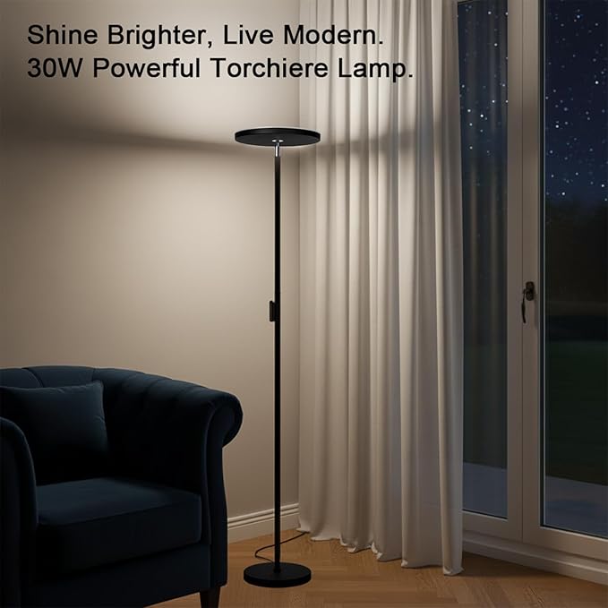 JOOFO Floor Lamp,30W/2400LM Sky LED Modern Torchiere 3 Color Temperatures Super Bright-Tall Standing Pole Light with Remote & Touch Control for Living Room,Bed Room,Office (Black)