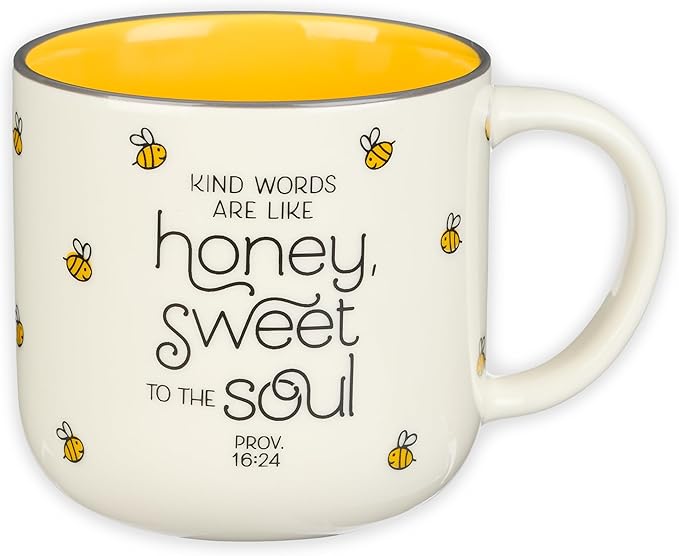 Christian Art Gifts Large Ceramic Coffee & Tea Mug for Women: Kind Words are Like Honey Inspirational Bible Verse, Non-toxic/Lead-free, Microwave/Dishwasher Safe Bumble Bee Cup, Yellow/White, 15 oz.