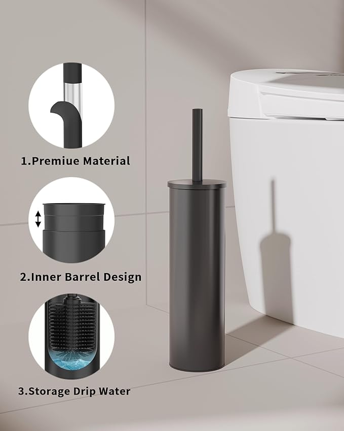 Toilet Brush and Holder Set, Stainless Steel Toilet Bowl Brush with Lid, Rust Proof Toilet Cleaner Brush with Caddy, Durable Bristles, Splash Proof, Ideal for Bathroom(1 Pack, Matte Black)