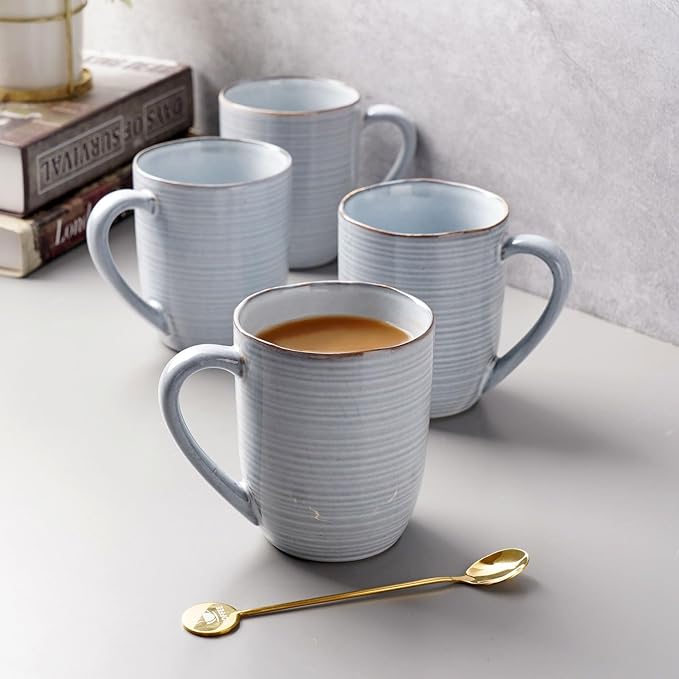 famiware Tempus Coffee Mugs Set of 4, 14 oz Cup Set, Stoneware Mugs with Handle for Coffee, Tea, Cocoa, Milk, Cappuccino, Microwave Safe - Pearl Blue