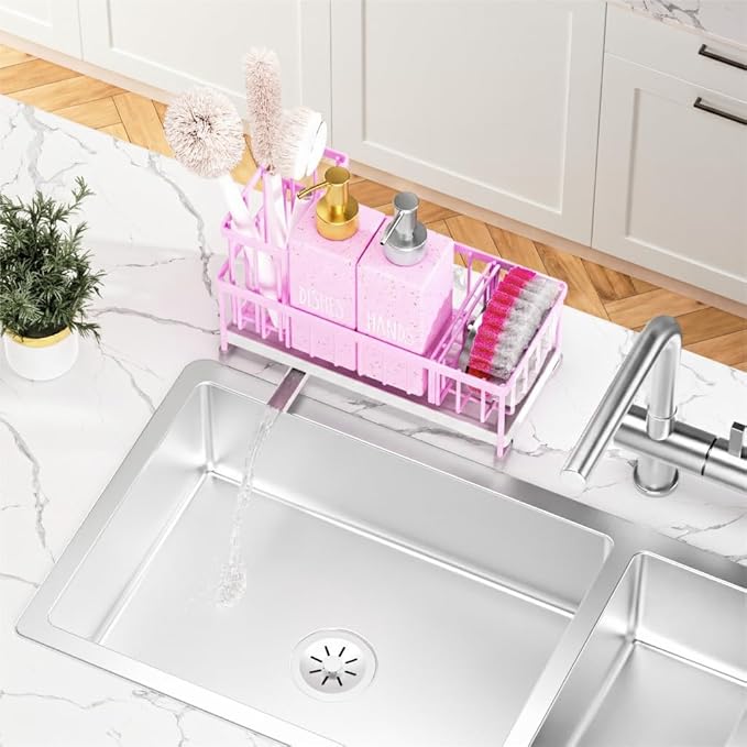 Cisily Dish Soap Dispenser, 12 fl oz Kitchen Soap Dispensers with Sponge Holder, Gold and Silver Pump Pink Glass Kitchen Soap Dispenser Set, Hand and Dish Soap Bottle Set, Pink Decor Accessories