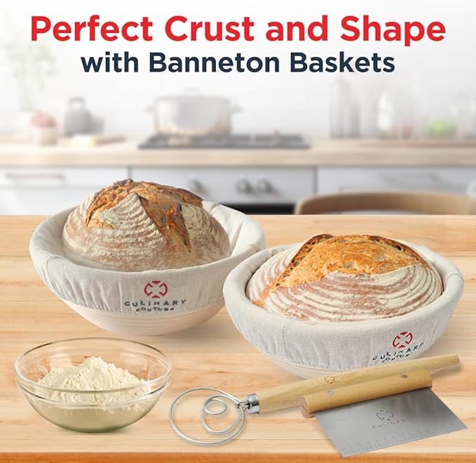 Bread Proofing Basket Set of 2 - Round 9" Sourdough Bread Baking Supplies w/Linen Liner, Scrapers, Scoring Lame, Whisk, Blades Banneton Proofing Baskets - Sourdough Starter Kit for Beginners
