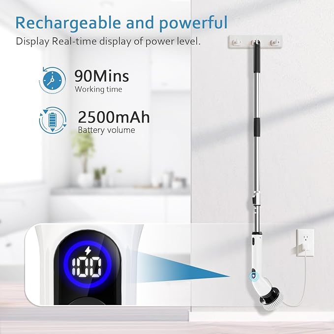 TUYU Electric Spin Scrubber, Full-Body IPX7 Waterproof Bathroom Scrubber with Power LCD Display, 8 Replacement Head, Adjustable Extension Handle, Cordless Shower Cleaner Brush for Bathtub Cleaning