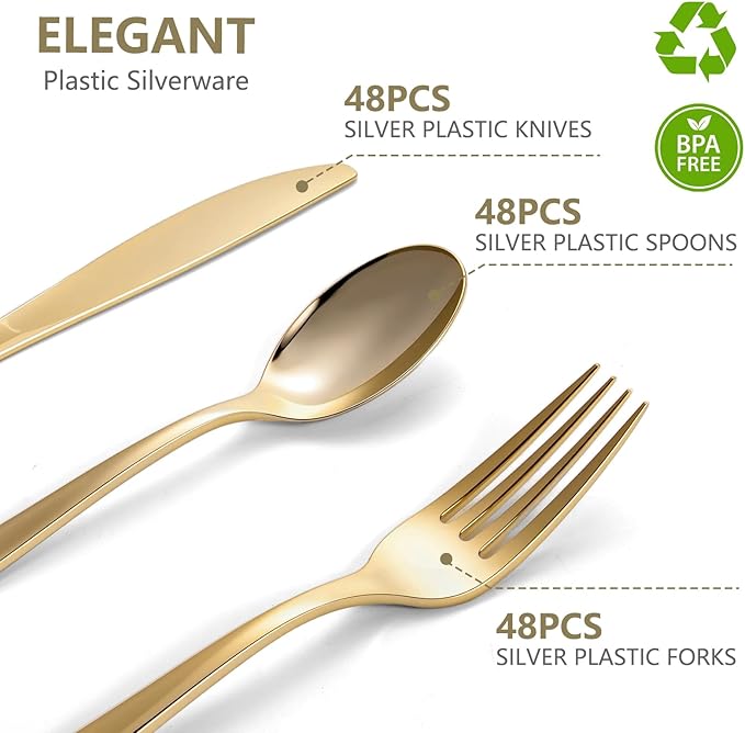 144 Pack Gold Premium Plastic Cutlery Disposable Silverware Set - 48 Forks, 48 Knives, 48 Spoons - For Catering, Parties, Dinners, Weddings, and Everyday Use, Plastic box packaging