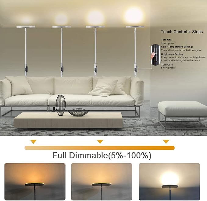 JOOFO Floor Lamp,30W/2400LM Sky LED Modern Torchiere 3 Color Temperatures Super Bright Floor Lamps-Tall Standing Pole Light with Remote & Touch Control for Living Room,Bed Room,Office(Platinum Silver)