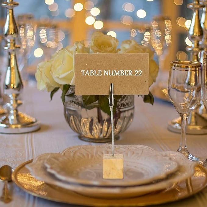 10 Pcs Wood Place Card Holders and 10 Pcs Kraft Place Cards, Photo Holders for Table, Rustic Wood Table Number Holder Stand with Memo Clips for Wedding Party Name Sign