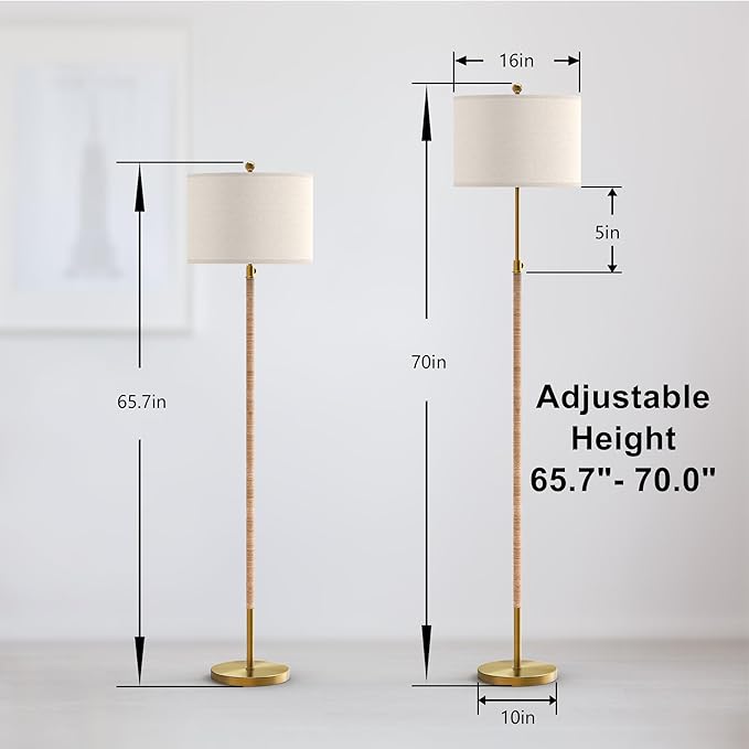 Boho Rattan Floor Lamp for Living Room, Adjustable Height:65"-70" Brass Gold Standing Lamp, Farmhouse Tall Skinny Pole Light with Oatmeal Shade for Bedroom Office