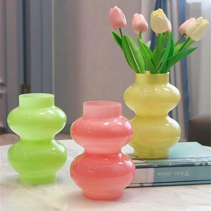 JSPYFITS Glass Hydroponic Flower Vase, Double Balls Colored Glasses Bubble Vase for Flowers, 7 Inches Glass Funky Vases for Home/Office/Weddings/Party Table Décor (Pink)