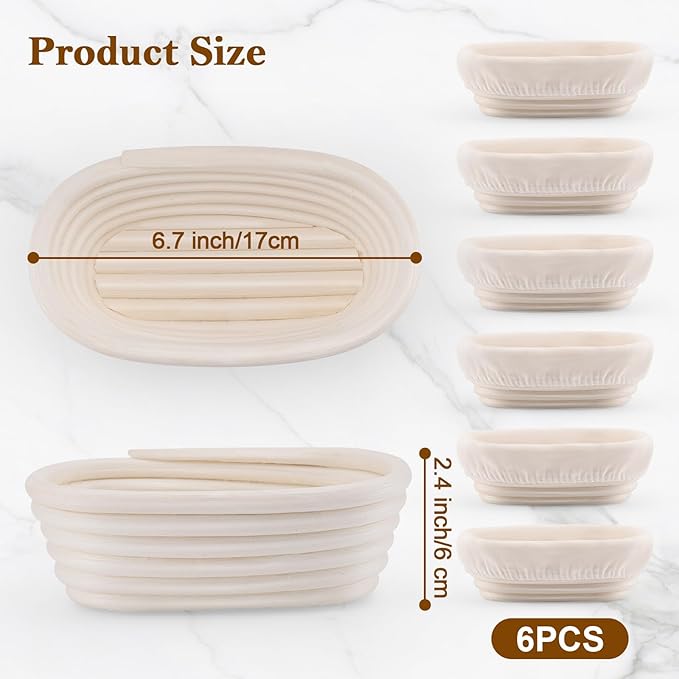 6 Inch Bread Banneton Proofing Basket Oval Mini Banneton Basket Set of 6, Small Sourdough Bakery Bowls with Liner Rattan Sourdough Baking Supplies for Home Bread Making and Baking