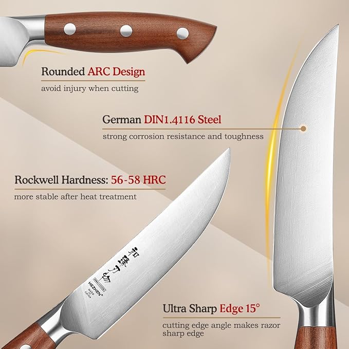 HEZHEN 5.3 Inch Steak Knives, Non Serrated Steak Knife Set of 4, German Steel Steak Knife Set,Professional Straight Sharp Edge Knives - Full Tang Ergonomic Handle