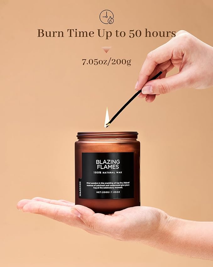 M&SENSE Blazing Flames Scent with Log Fire, Natural Soy Wax Slow Burning Candle for Home Decor, Cedarwood &Cade Scented 7.05oz 50 Hours Burn Cotton Wick Gifts for Celebration Holiday