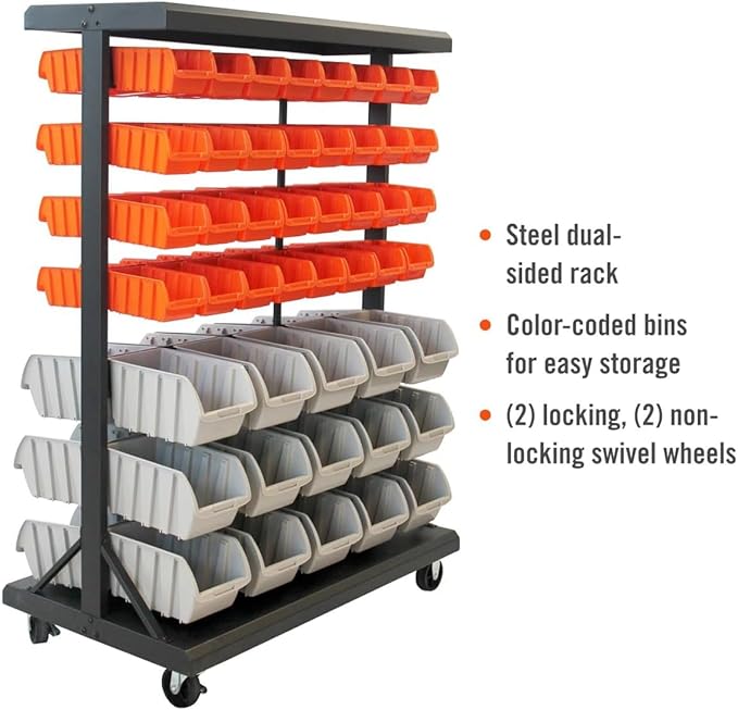 TRINITY 7-Tier Dual-Sided Rolling Bin Rack, 330 Pound Capacity, Includes 94 Organizer Bins, 19.75" x 35.5" x 48.5", Black