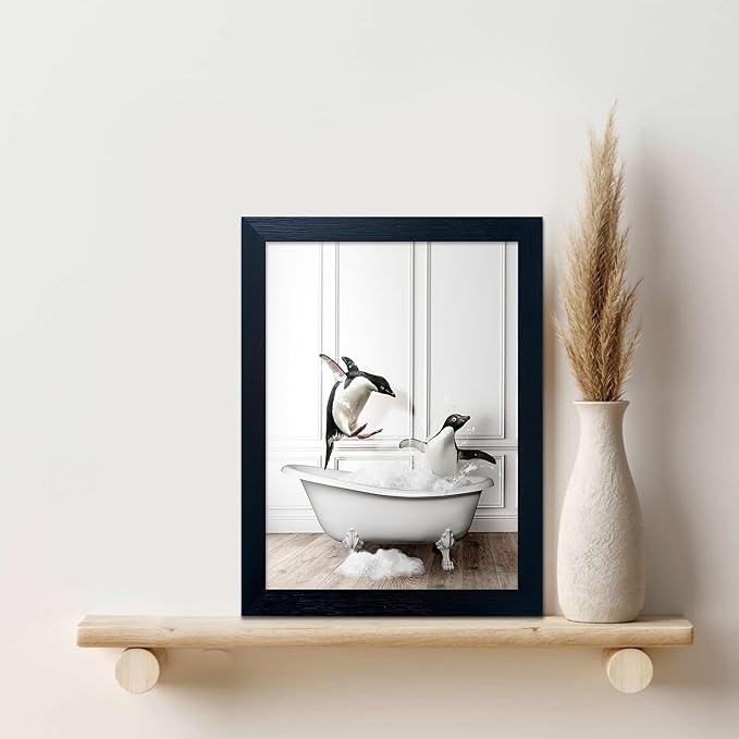 Kids Bathroom Wall Art Framed Black and White Animal Wall Art Cute Penguins in Bathtub Wall Decor Funny Farmhouse Print Pictures Painting for Bathroom
