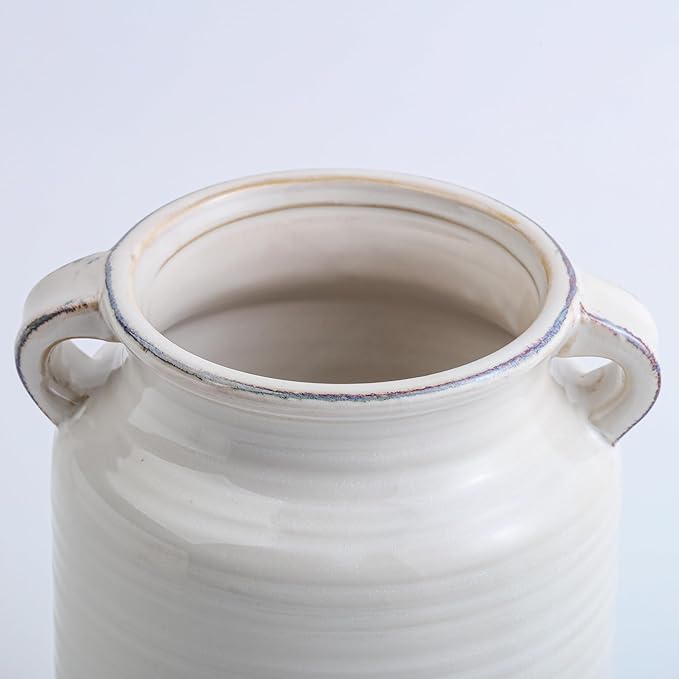 Ceramic Rustic Distressed White Flower Vase for Centerpieces, Kitchen, Office or Living Room (5.9''x8.6”)