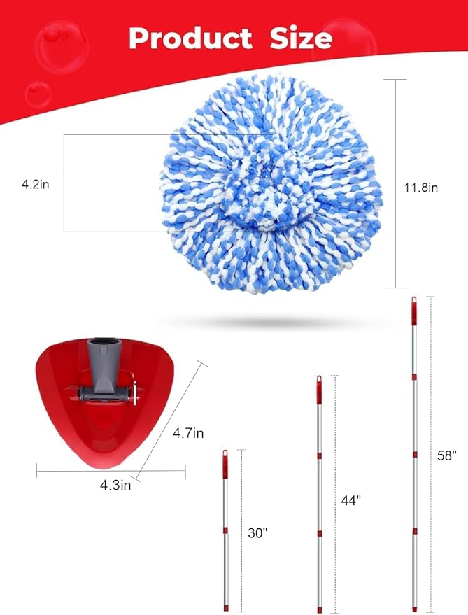 Small Spin Mop Replace Head Compatible with O-Cedar RinseClean 2 Tank, Mop Replacement Head Handle Base, 2 Microfiber Head Refills+1 Stick(30-58") +1 Base Combo Set (Blue)