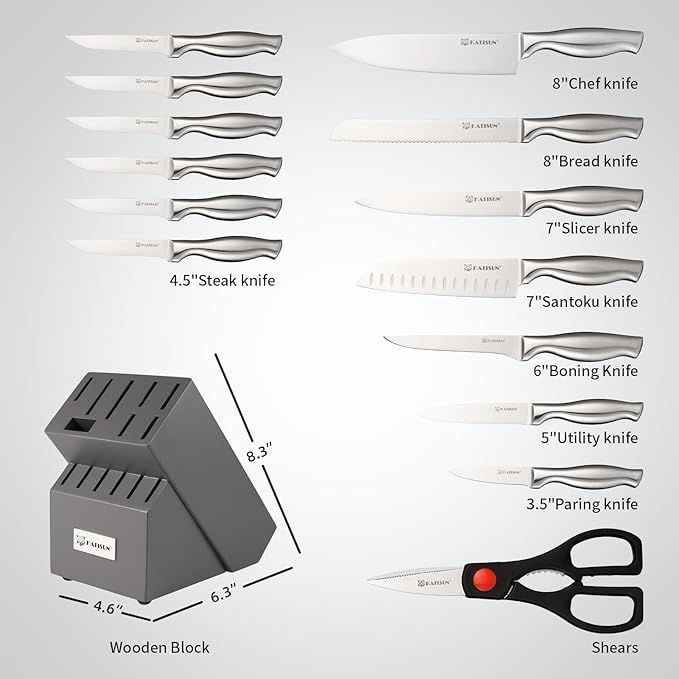 Kitchen Knife Set, 15 Pieces Knife Set with Block, Knives Set for Kitchen, Silver Hollow Ergonomic Handle for Chef Knife Set, Kitchen Shears,Gray Knife Block Set