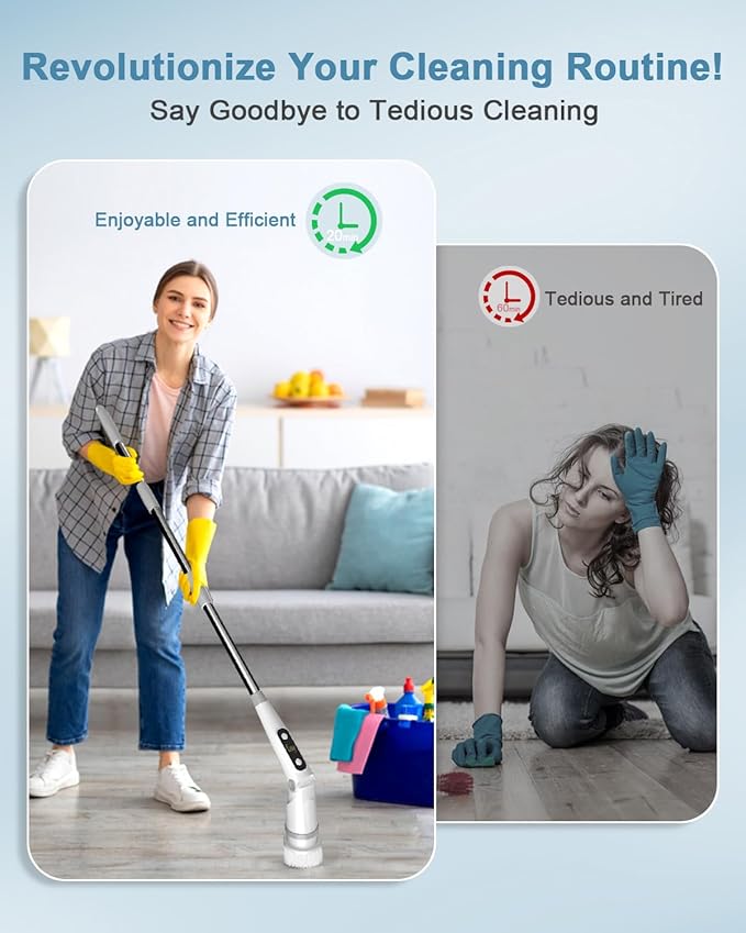 IEZFIX Electric Spin Scrubber, Bathroom Power Shower Scrubber Cleaning Brush for Tub/Tile/Floor/Toilet/Kitchen, 8 Cleaner Scrub Brush Heads, 3 Speeds 450RPM Max, Telescopic Rod Gray