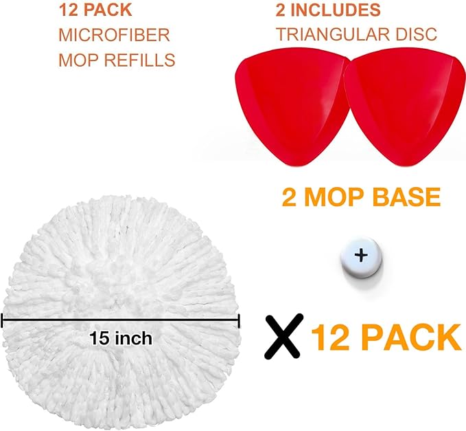 12 Pack Spin Mop Replacements Head, Mop Heads Replace Compatible for Oceda EasyWring 1 Tank System, Deep Cleaning, Microfiber Refills for Hardwood Floors Surface,with 2 Base