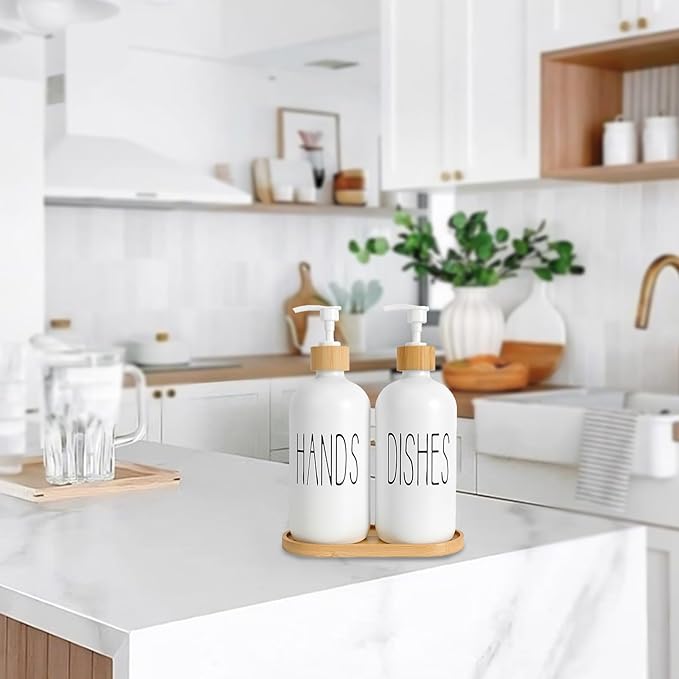 Glass Soap Dispenser Set, Contains Hand Soap and Dish Soap Dispenser.Suitable for Bathroom and Kitchen Decoration (White)