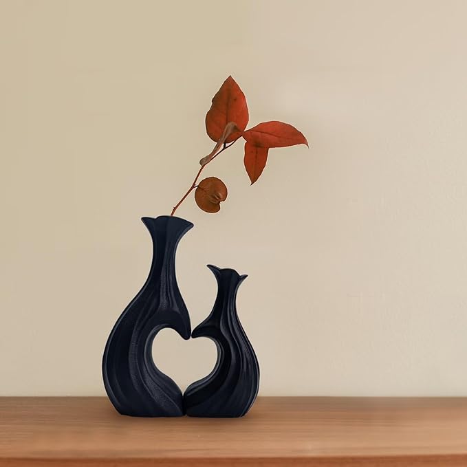 Ceramic Vases for Home Decor, Modern Heart Shaped Vase Set of 2, Matte Farmhouse Dried Fake Flowers Vase for Office, Living, Dining Room, Kitchen