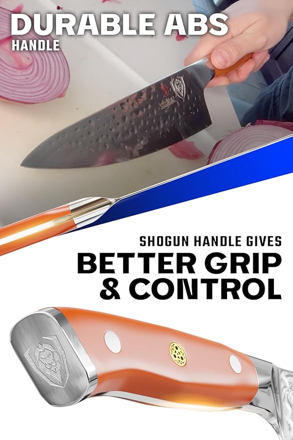 Dalstrong Chef Knife - 8 inch Blade - Shogun Series - Japanese AUS-10V Super Steel Kitchen Knife - Flame Orange Handle ABS - Damascus - Razor Sharp Knife - Professional Full Tang Knives - Sheath