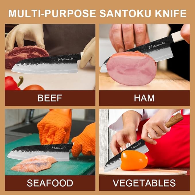 Santoku Knife 7in, Damascus Japanese Chef Knife, Professional Hand Forged Chef's Knives for Kitchen Cooking Meat Cleaver, Cutting Vegetables and Fruit, Razor-Sharp Chef's Knife with Gift Box, Black