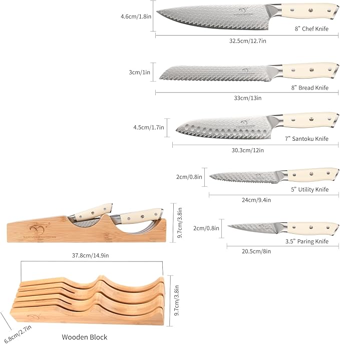 NANFANG BROTHERS Damascus Kitchen Knife Set,6 Pieces Drawer Knife Set,ABS Ergonomic Handle for VG10 Steel Professional Chef Knives Set with Block