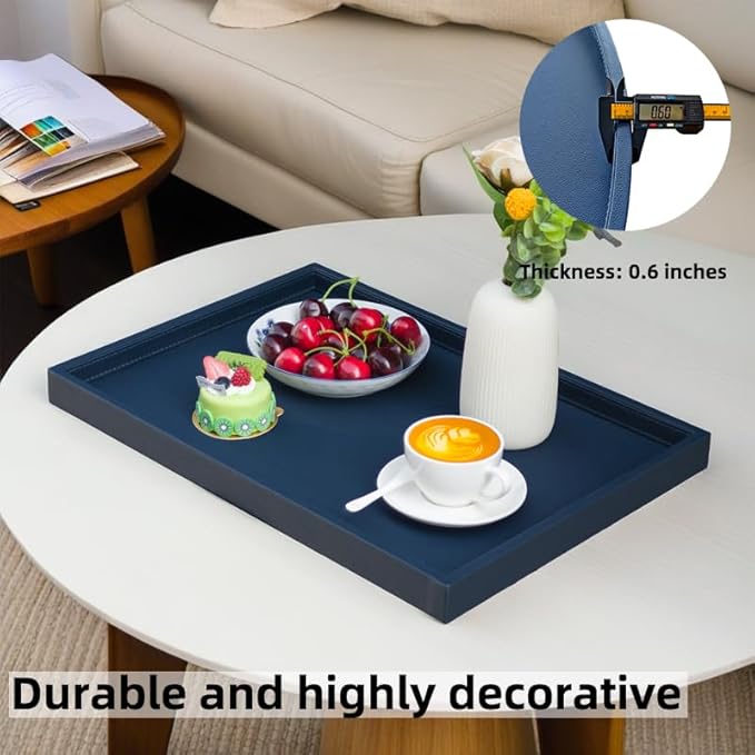 20x14 Inch Rectangular Ottoman Tray | Textured PU Leather, Waterproof & Heat-Resistant Storage for Coffee/Dining Tables, Sofa, Bed, Entertainment & Party (Navy Blue, 20 * 14in)