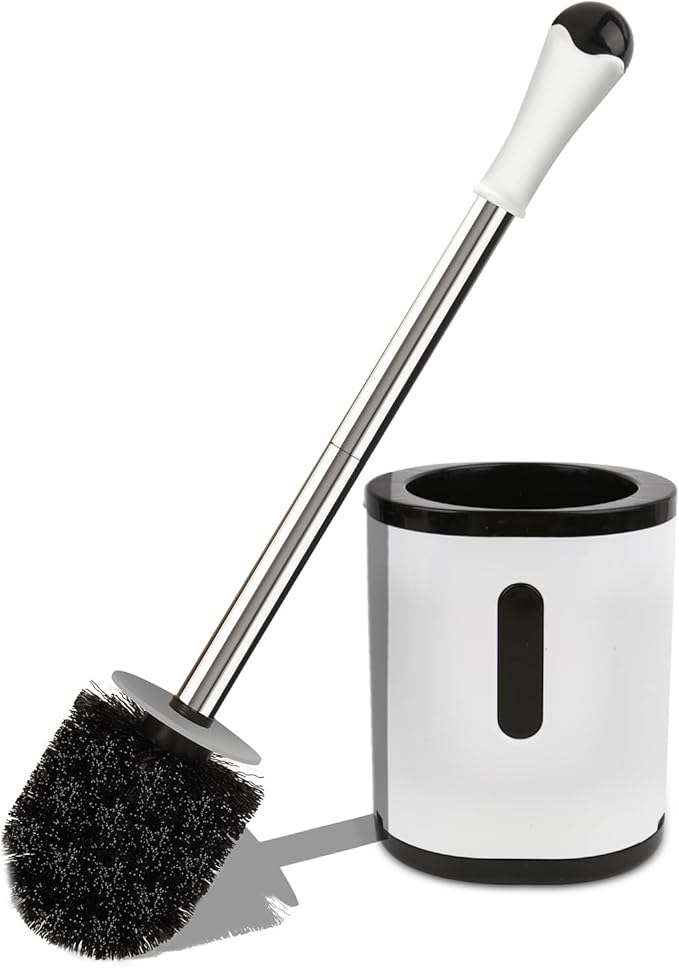 Toilet Brush and Holder, Compact Size Toilet Bowl Brush with Stainless Steel Handle, Small Size Plastic Holder Easy to Hide, Space Saving for Storage, Drip-Proof, Easy to Assemble, Deep Cleaning