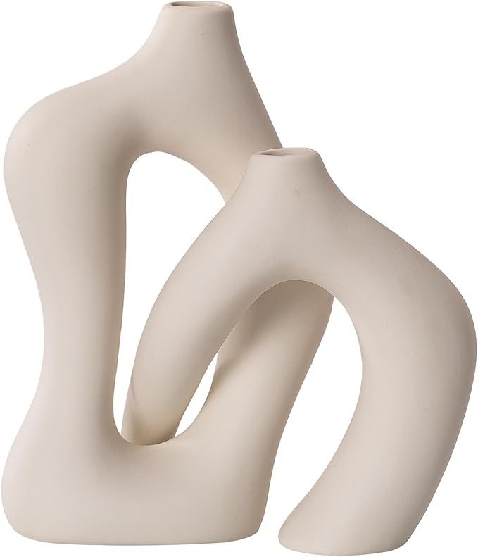 White Flower Vase Set - 2 Pack Minimalist Decor Ceramic Vase, Irregular Ceramic Modern Style Farmhouse for Kitchen Dining Table, Living Rooms, Bedrooms, Offices Decor (White)