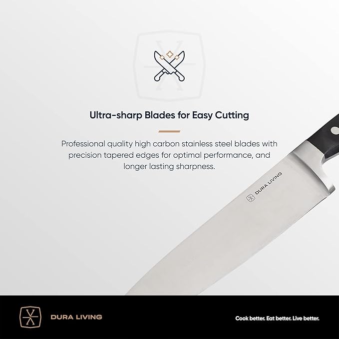 DURA LIVING 8 Inch Professional Chef Knife – High Carbon Stainless Steel, Razor-Sharp, Versatile Cooking & Cutting Kitchen Knife, Ergonomic Handle, Sleek Black Design
