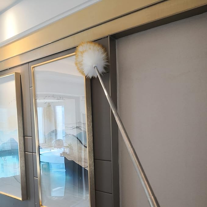 MKUN Lambs Wool Feather Duster extendable Stainless Steel Handle for Cleaning Fan Windows Blinds Laptop and Furniture 45" Long (Natural)