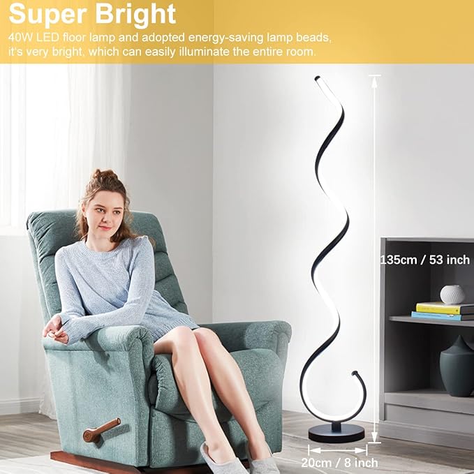 Spiral LED Floor Lamp, 40W Dimmable Modern Floor Lamps for Living Room with Remote Control, Stepless Adjustable Colors & Brightness Standing Lamp Reading Corner Floor Lamp for Bedroom - Black