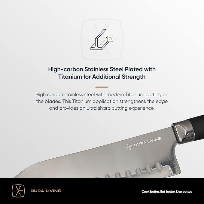 DURA LIVING Steak Knives, Steak Knives Set of 4, Nonstick Titanium High Carbon Stainless Steel Serrated Steak Knife, Soft Grip Handle, With Sheaths, Black Knife Set