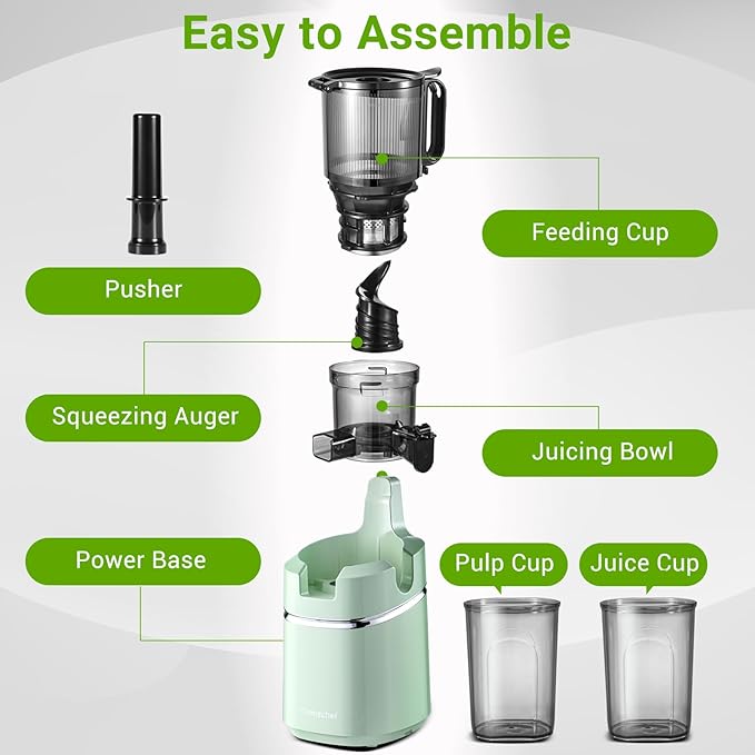 AMZCHEF Juicer Machines, 5.8" Extra Self-Feeding Cold Press Juicer for Whole Vegetable & Fruit, Juice Extractor Machine with Large Auger & Triple Strainers, Easy to Clean, High Juice Yield, Green
