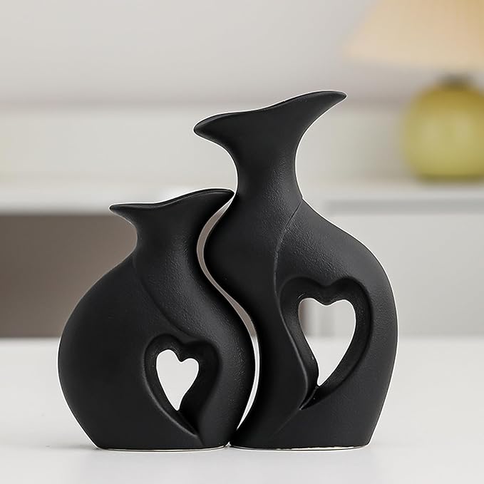 Black Ceramic Vase Set of 2,Filled with Love,Modern Minimalist Bohemian Vases Home Decor,Heart Shape Matte Ceramic Vases for Dinner Table Bookshelf Modern Home Console