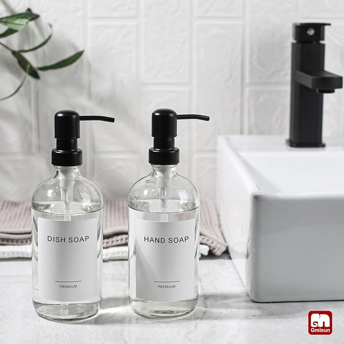GMISUN Glass Soap Dispenser with Pump, 2 Pack Clear Bathroom Hand Soap Dispenser with Stainless Steel Pump, 16 Oz Refillable Kitchen Hand and Dish Soap Dispensers Set, Modern Liquid Pump Bottles