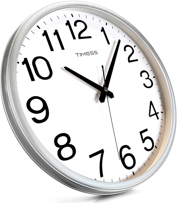 Wall Clock, 13 Inch Large Dial Non-Ticking Silent Battery Operated Quality Analog, Ultra-Quiet Movement Quartz, Timeless Stylish Clock, Ideal Modern Home, Office Décor (Sliver)