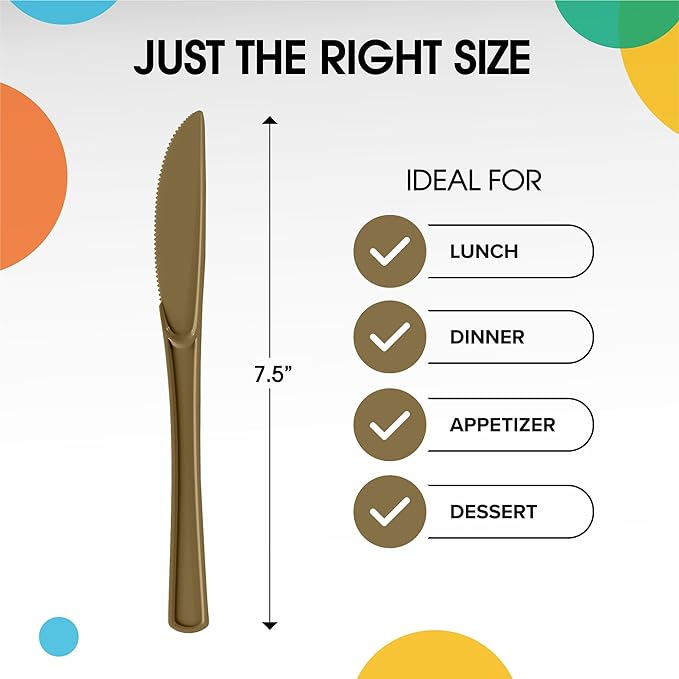 Party Solids Gold Plastic Knives 200 Pieces Disposable Utensils Heavy Duty Cutlery Set Flatware Silverware for Party Supplies & Tableware